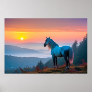 Affiche Majestic White Horse dans la montagne à Sunrise 2