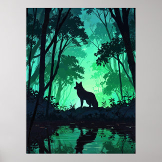 Affiche Majestic Wolf Silhouette in Mystical Green Forest