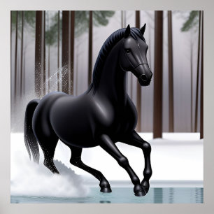 Affiche Majestueux cheval noir galopant dans un hiver enne