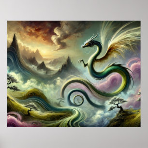 Affiche Majestueux dragon céleste au-dessus de montagnes d