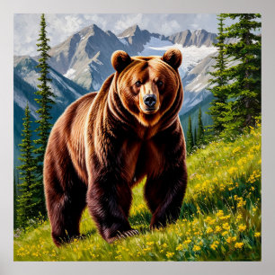 Affiche Majestueux Ours Brun dans une Prairie de Montagne