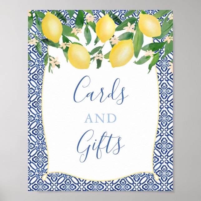 Affiche Majolica Baby Shower, tuiles bleues citrons (Devant)