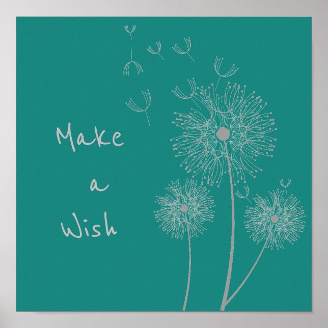 Affiche Make a wish quote Dandelion flower on teal art (Devant)