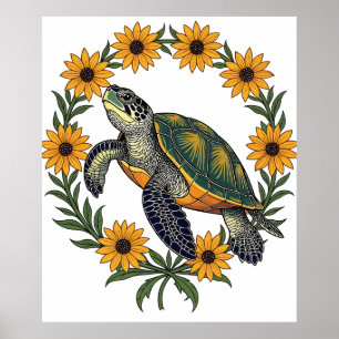 Affiche Malaclemys Tortue et Fleurs de Susan aux Yeux Noir