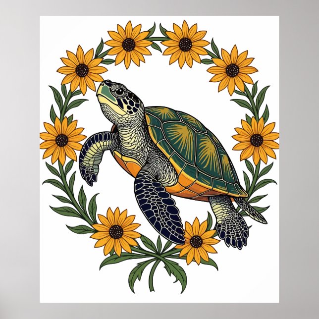 Affiche Malaclemys Tortue et Fleurs de Susan aux Yeux Noir (Devant)