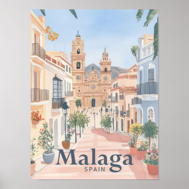 Affiche Malaga Espagne Aquarelle Peinture Voyage (Devant)