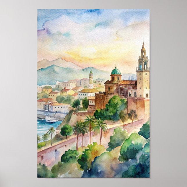 Affiche Malaga Espagne Cityscape peinture aquarelle (Devant)