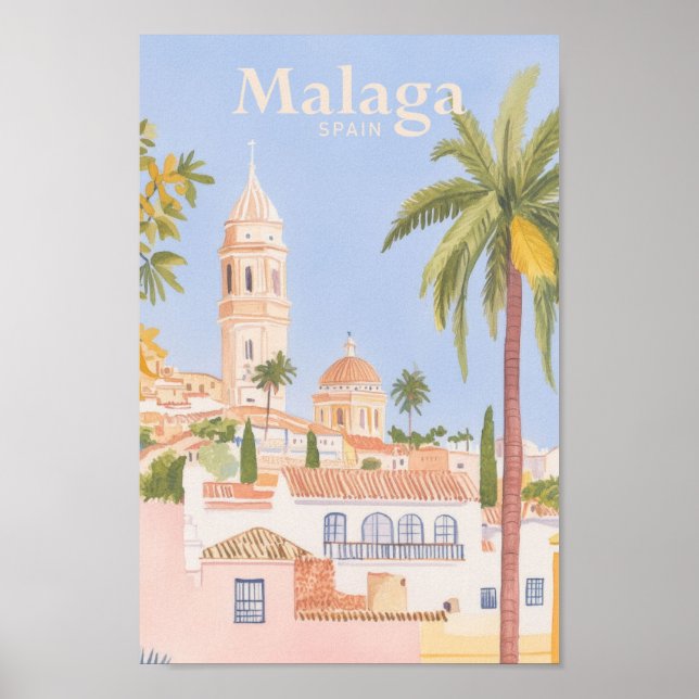 Affiche Malaga Espagne Gouache Peinture Illustration Voyag (Devant)