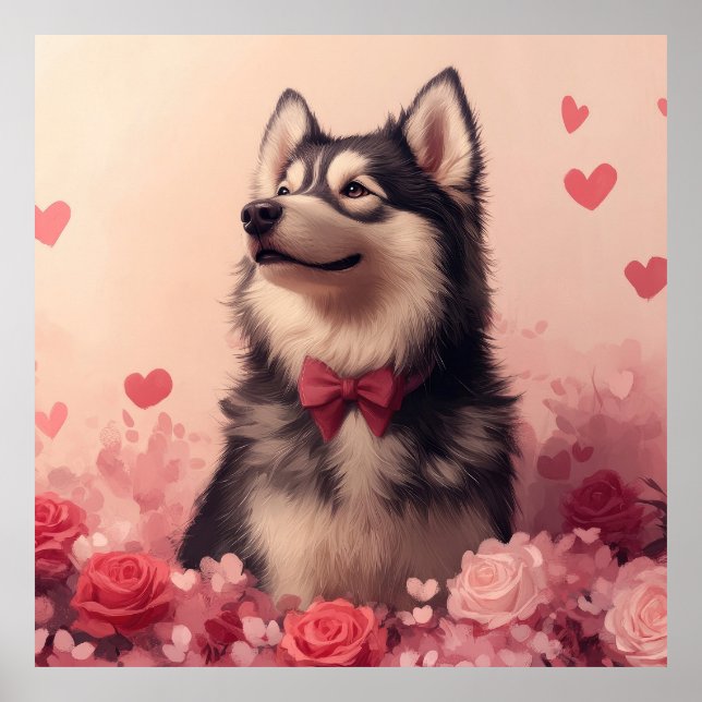 Affiche Malamute d'Alaska avec des roses - Saint-Valentin  (Devant)