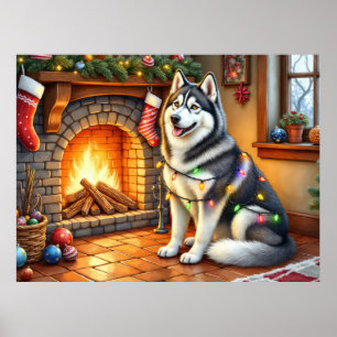 Affiche Malamute d'Alaska cheminée avec lumières de Noël