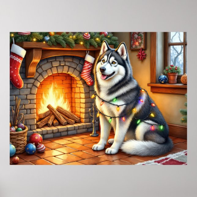 Affiche Malamute d'Alaska cheminée avec lumières de Noël (Devant)