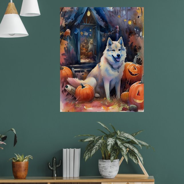 Affiche Malamute d'Alaska Halloween avec citrouilles effra (Salon 1)