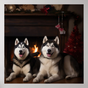 Affiche Malamute en Alaska près de la cheminée Noël