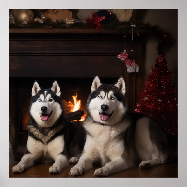 Affiche Malamute en Alaska près de la cheminée Noël (Devant)