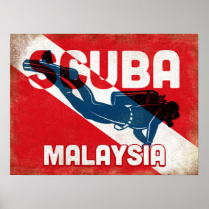Affiche Malaysie Scuba Diver - Blue Retro