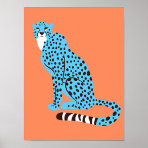 Affiche Malibu Blue Cheetah moderne sur Saumon Orange