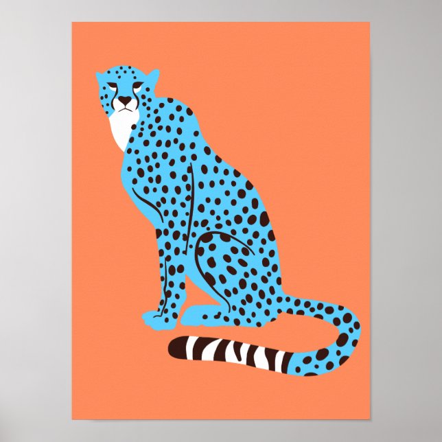 Affiche Malibu Blue Cheetah moderne sur Saumon Orange (Devant)