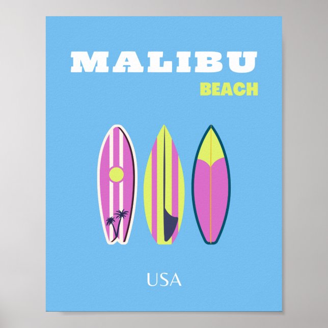 Affiche Malibu, Plage de Malibu, Tropical, Preppy, Bleu (Devant)