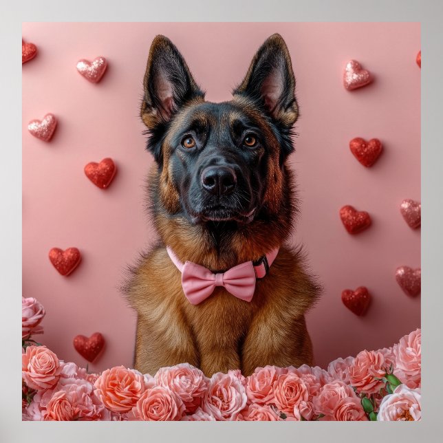 Affiche Malinois belge avec des roses - Saint-Valentin  (Devant)