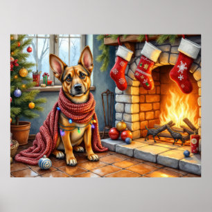 Affiche Malinois belge Cheminée avec Lumières de Noël