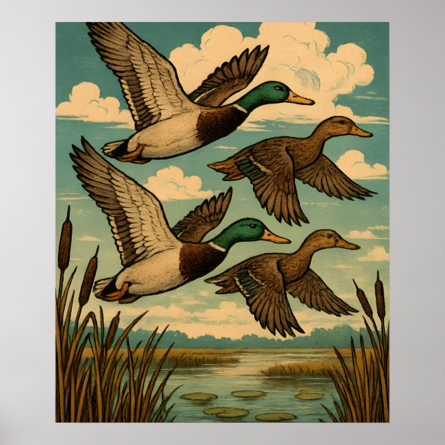 Affiche Mallard Ducks in Flight Wildlife Art (Devant)