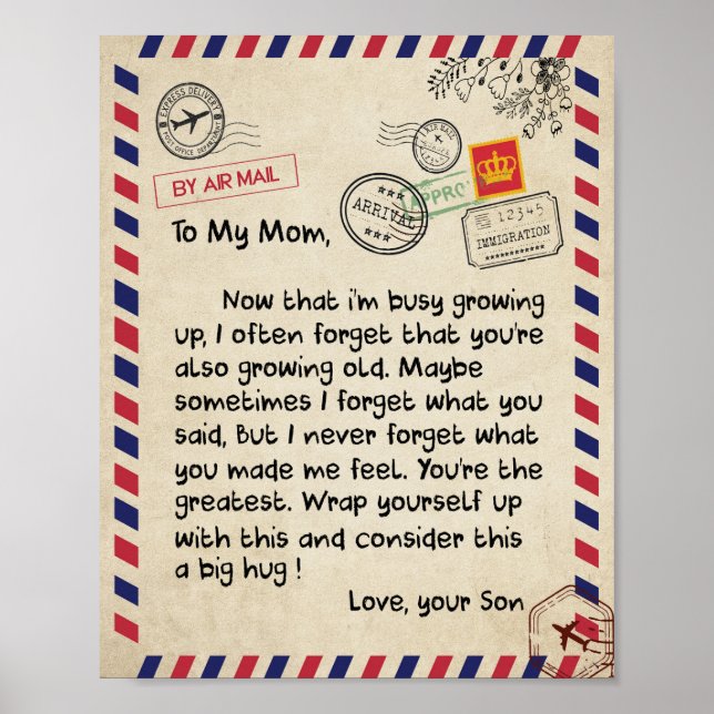 Affiche Maman Cadeaux | Lettre À Ma Mère Amour Du Fils (Devant)