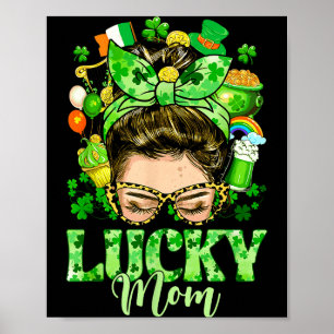 Affiche Maman chanceuse chignon désordonné trèfles st patr