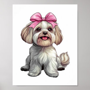 Affiche Maman Chien Mastiff Fille Rose Ruban Coquette