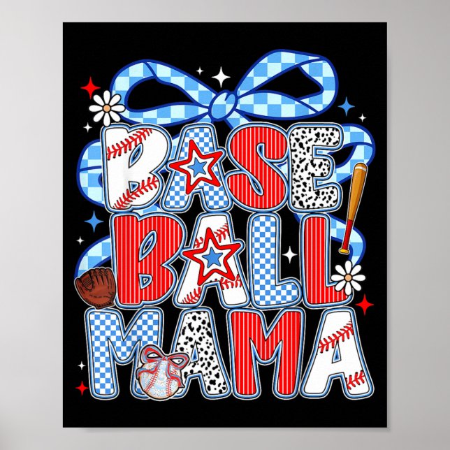 Affiche Maman de baseball Coquette Nœud Groovy Filles de j (Devant)