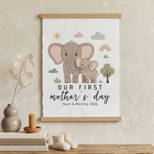 Affiche Maman éléphant pastel bébé premier jour de la fête