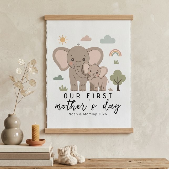 Affiche Maman éléphant pastel bébé premier jour de la fête (Créateur téléchargé)