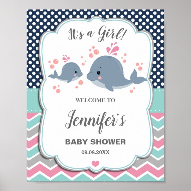 Affiche Maman et bébé Baby shower baleines Accueil nautiqu (Devant)