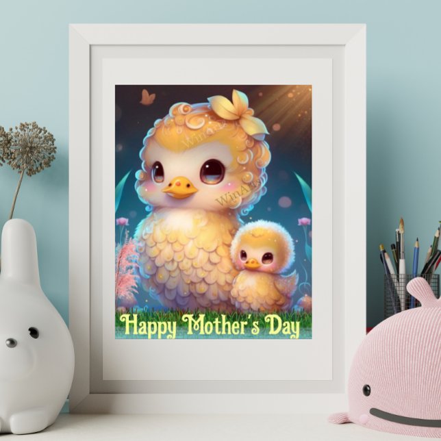 Affiche Maman et bébé canard mignons dans le jardin, illus (Créateur téléchargé)