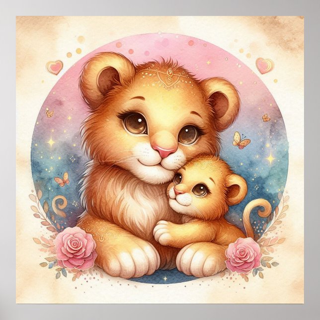 Affiche Maman et bébé lion (Devant)