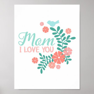 Affiche Maman je t'aime texte, fleurs roses, oiseaux bleus