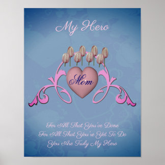 Affiche Maman Mon Hero Coeur Et Fleurs Personnalisé