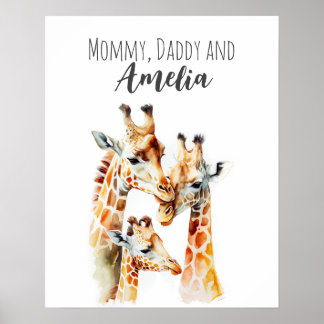 Affiche Maman, papa & moi | Girafe | Art de nurserie anima