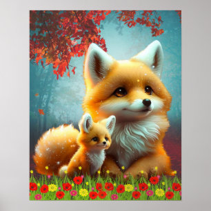 Affiche Maman renard orange mignonne et bébé - Art pour la