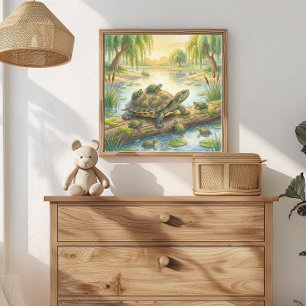 Affiche Maman Tortue et Jeunes Tortues dans la Nurserie de