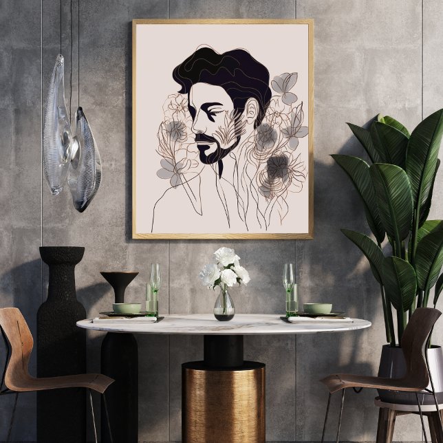 Affiche Man Black Line Art avec Flower Boho style (Créateur téléchargé)