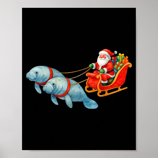 Affiche Manatee Santa Christmas Sleigh - Funny Manatee Xma (Devant)