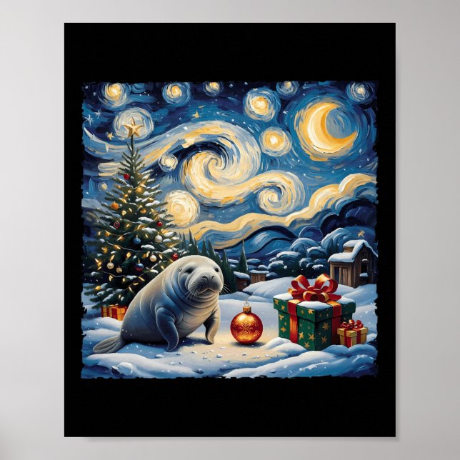 Affiche Manatee Van Gogh Style Starry Night Christmas Wint (Devant)