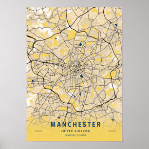 Affiche Manchester - Royaume-Uni Carte de la ville jaune