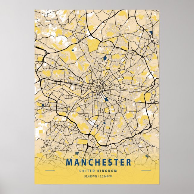 Affiche Manchester - Royaume-Uni Carte de la ville jaune (Devant)