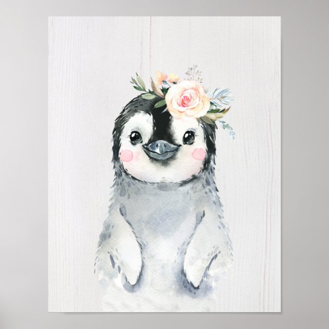Affiche Manchot bébé floral aquarelle, Animaux enneigés (Devant)
