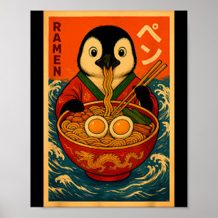 Affiche Manchot mangeant des nouilles japonaises Ramen drô