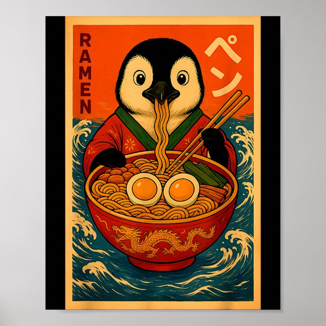 Affiche Manchot mangeant des nouilles japonaises Ramen drô (Devant)