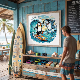 Affiche Manchot surfeur et requin high five