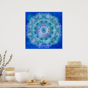 Affiche Mandala 12 Turquoise bleu sur Arrière - plan bleu