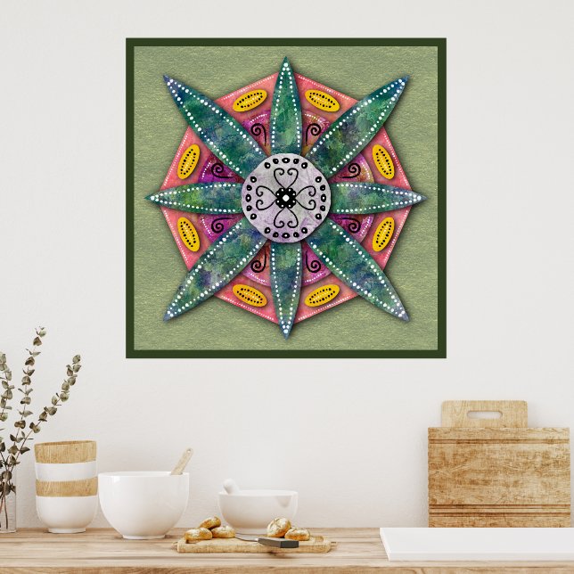 Affiche Mandala 8 pétales de fleurs vertes sur l'huile d'o (Cuisine)